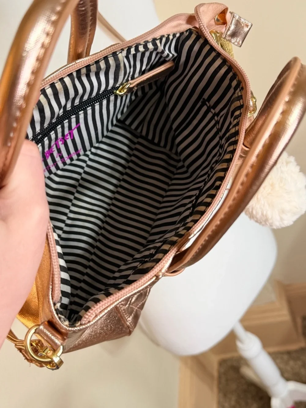 Betsey Johnson Metallic Rose Gold Quilted Star Satchel with‎ Pom